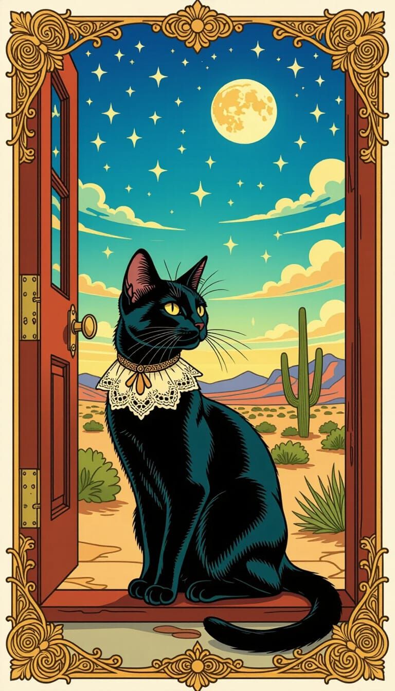 Black Cat in Art Nouveau Desert Scene