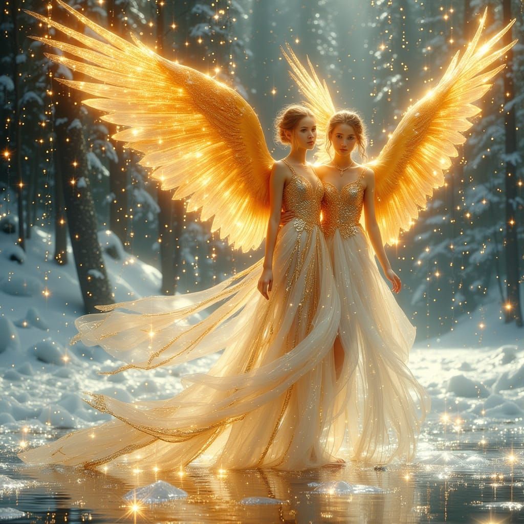 Girl and Phoenix Soar Over Frozen World