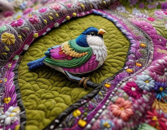 Embroidered Bird on Mossy Branch Quilted Tapestry