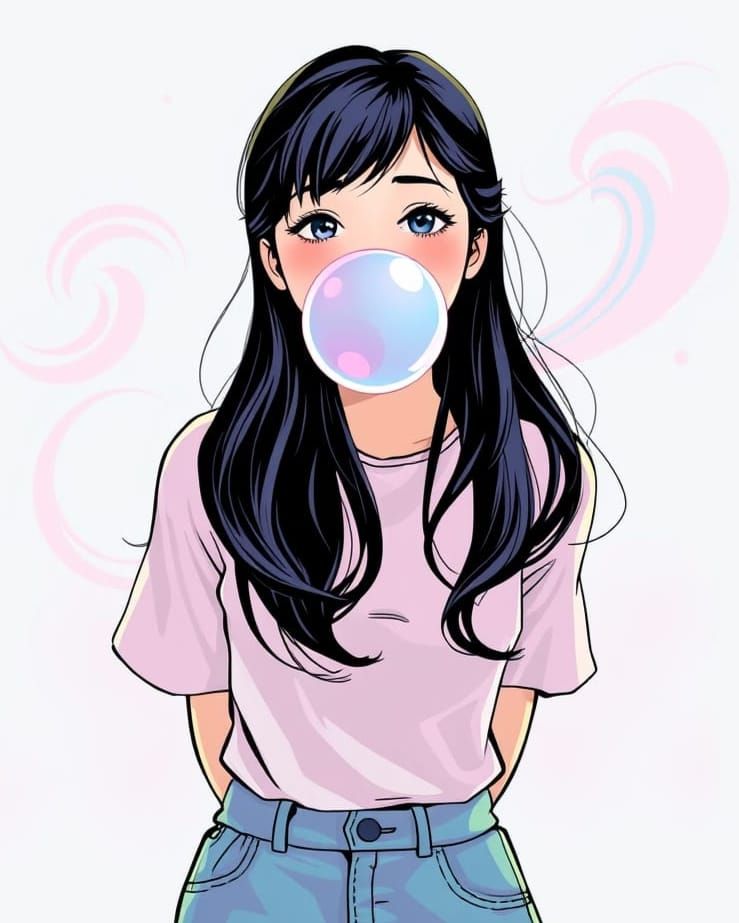 Pastel Harmony Girl Blows Bubblegum Bubble in Neon Swirls