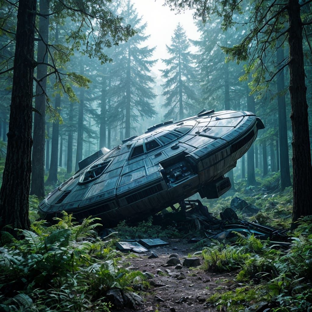 Crashed Alien Spaceship in Extraterrestrial Forest