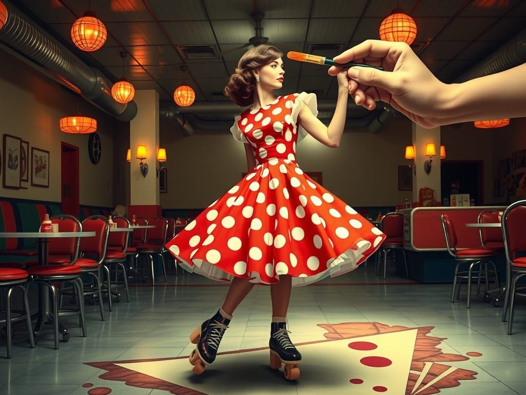1950s Roller Skater in Diner, Surreal Style