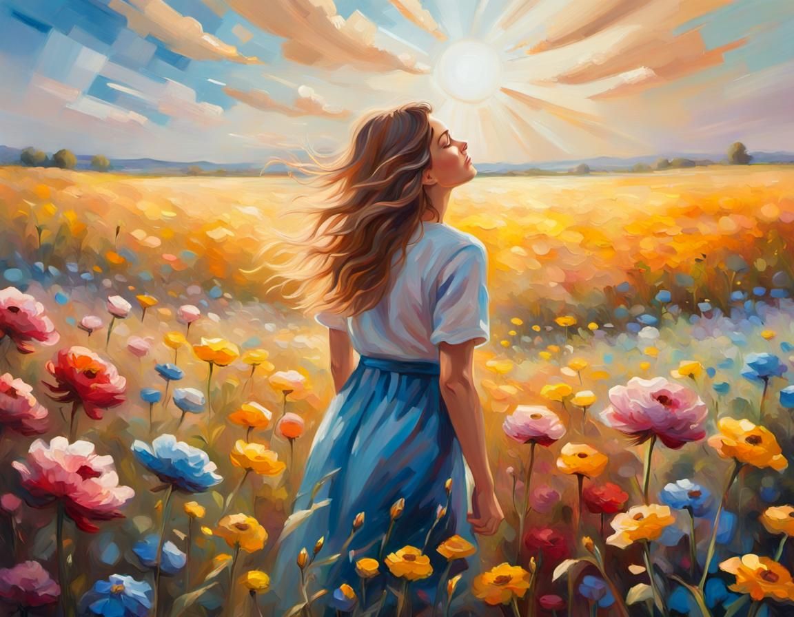 Impressionist Oil Painting of Person in Flower Field