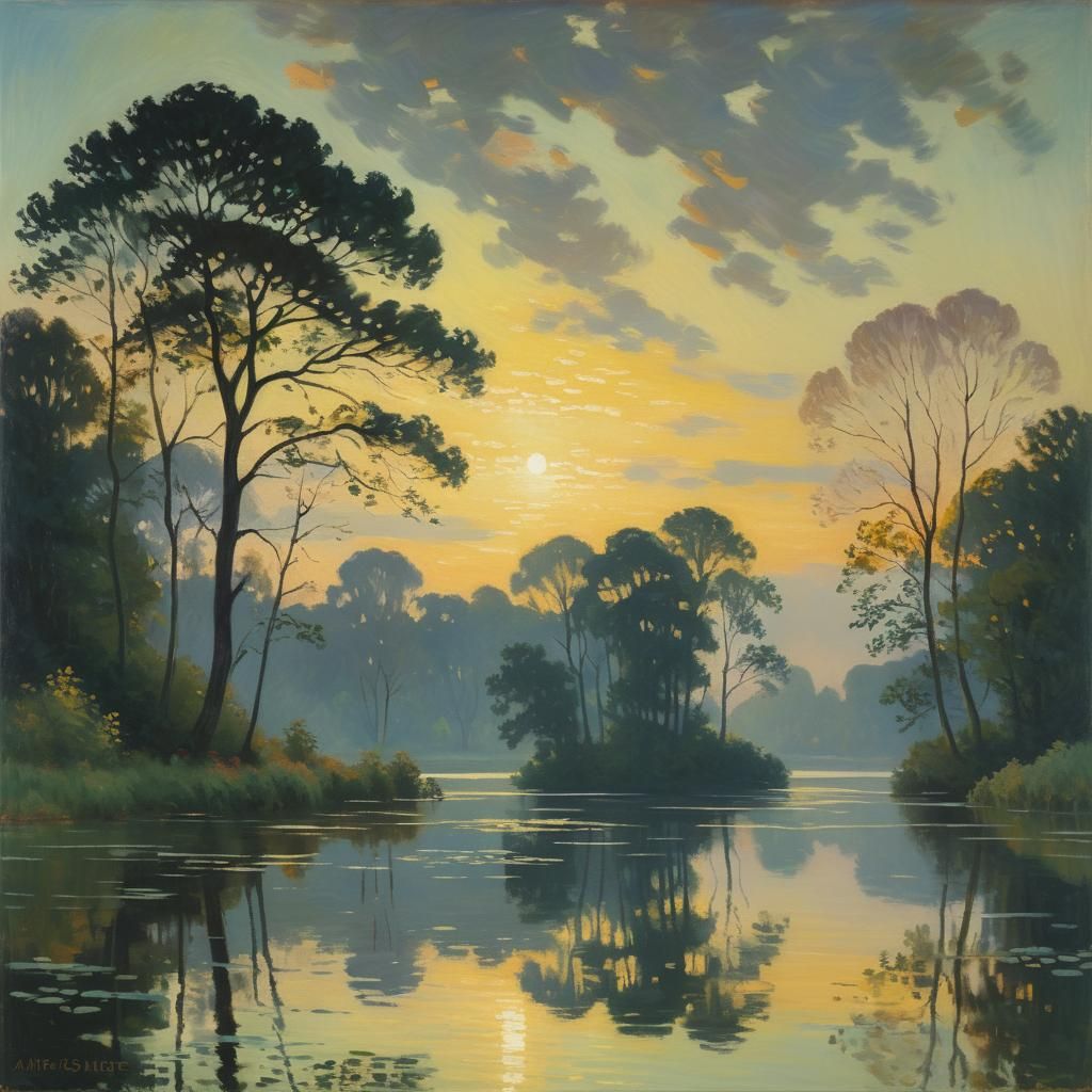 Impressionist Dawn Over Serene Lake