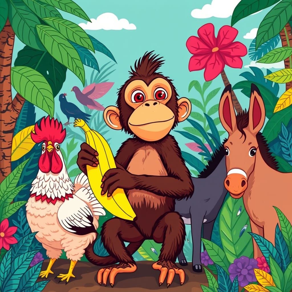 Monkey and Friends in a Whimsical Jungle Scene