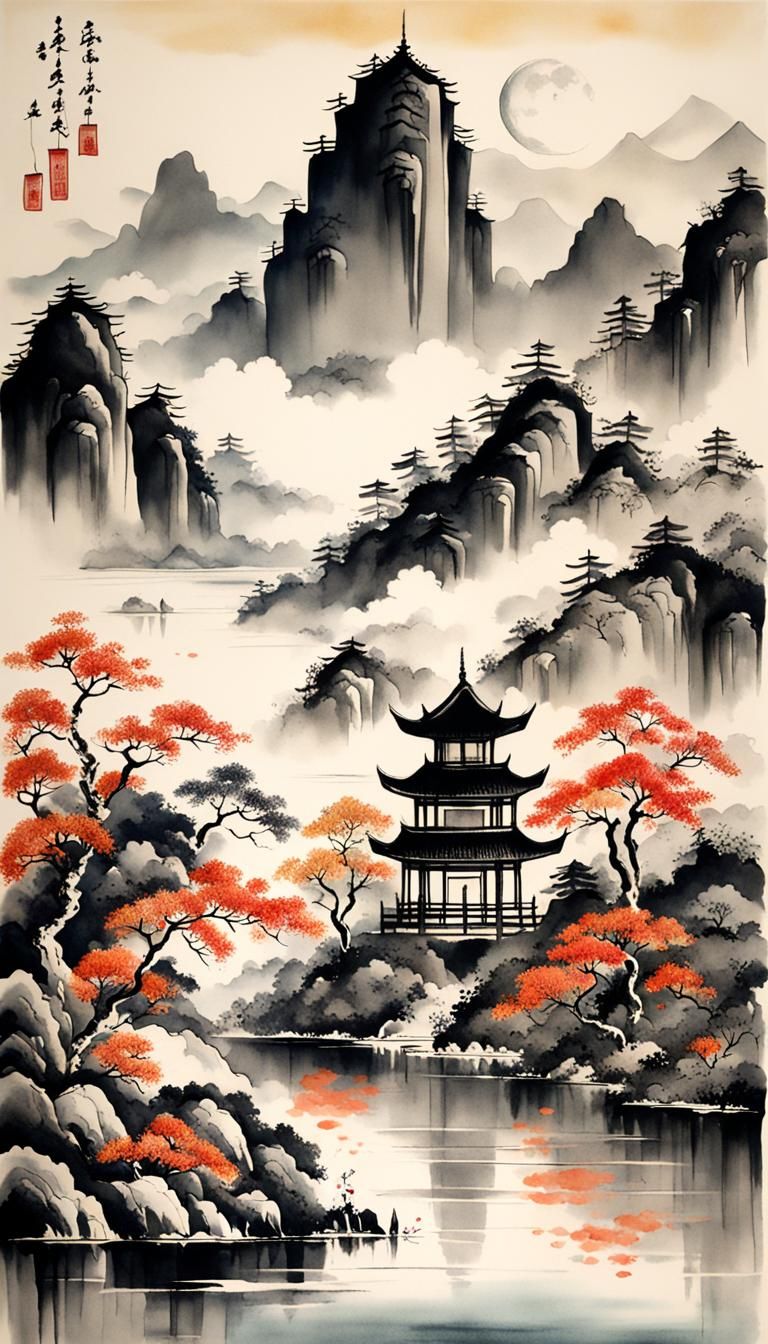 Moonlit Lake with Floating Temples: Chinese Ink Painting