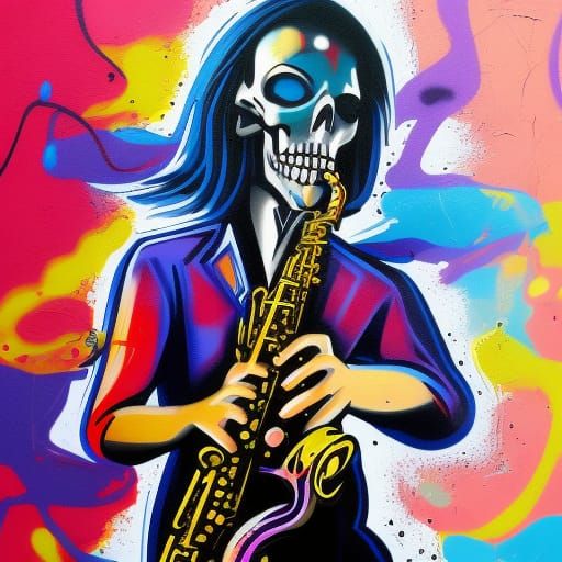 Death Plays Saxophone in Graffiti Art Style
