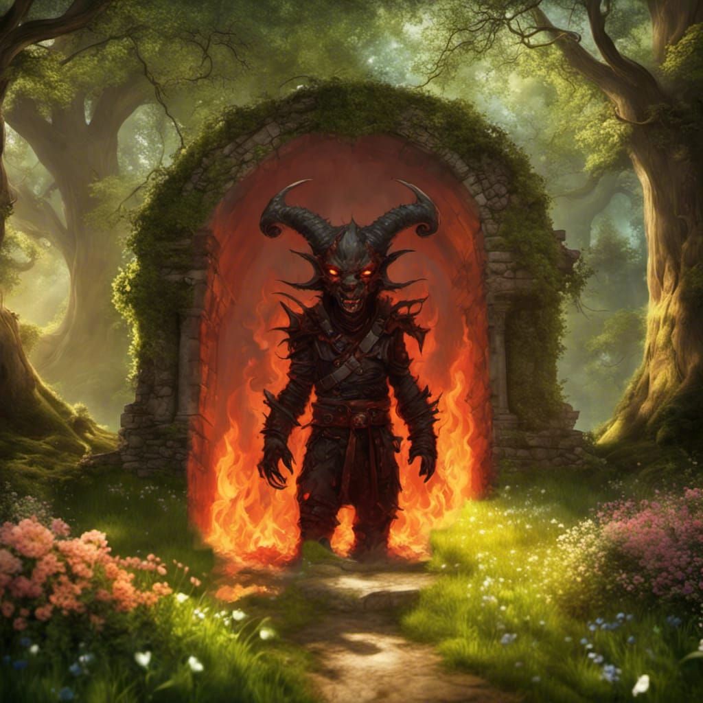 Chibi Devil in Burning Archway to Hell