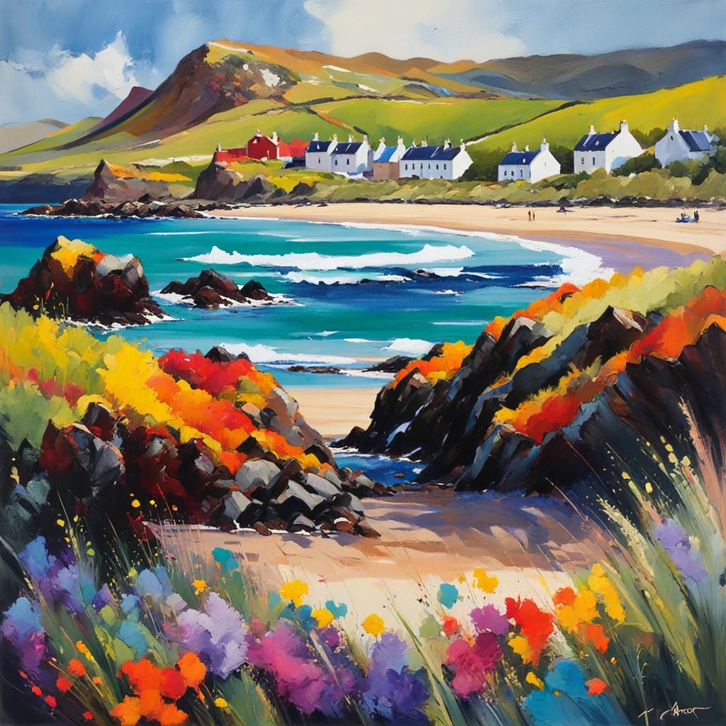 Colorful Scottish Beach in Expressionist Gouache Style