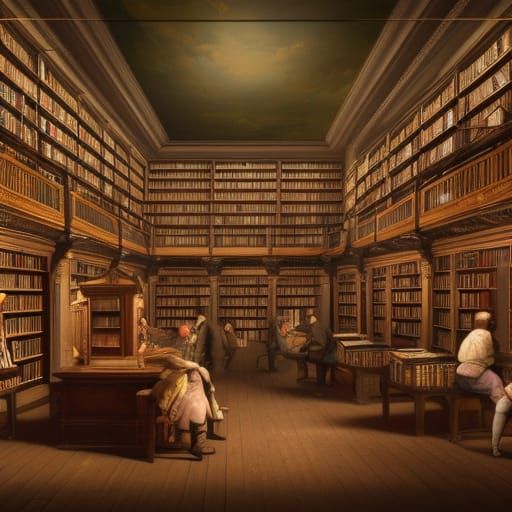 Victorian Library with Browsing Visitors: Detailed Matte Pai...