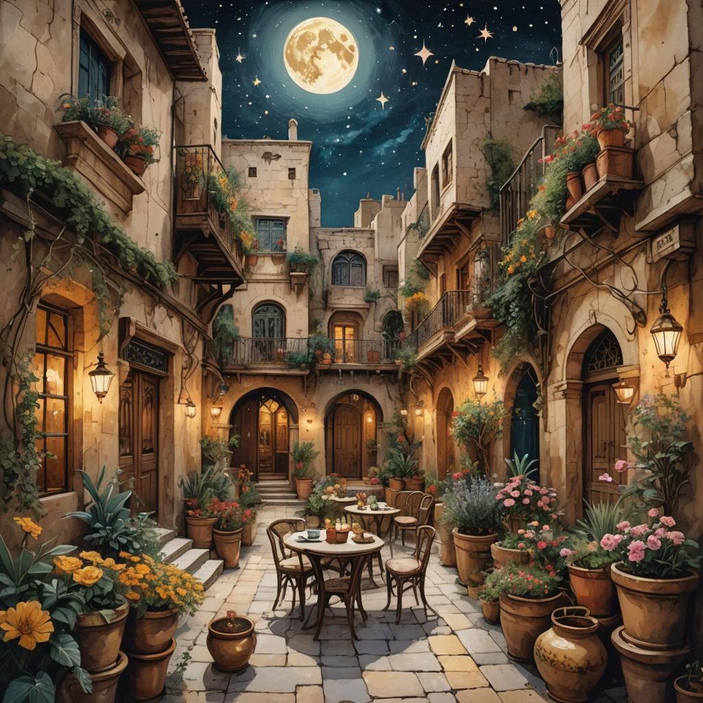 Arabic Courtyard Fantasy Illustration with Golden Lighting