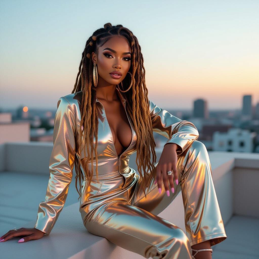 African American Woman in Metallic Jumpsuit on Rooftop