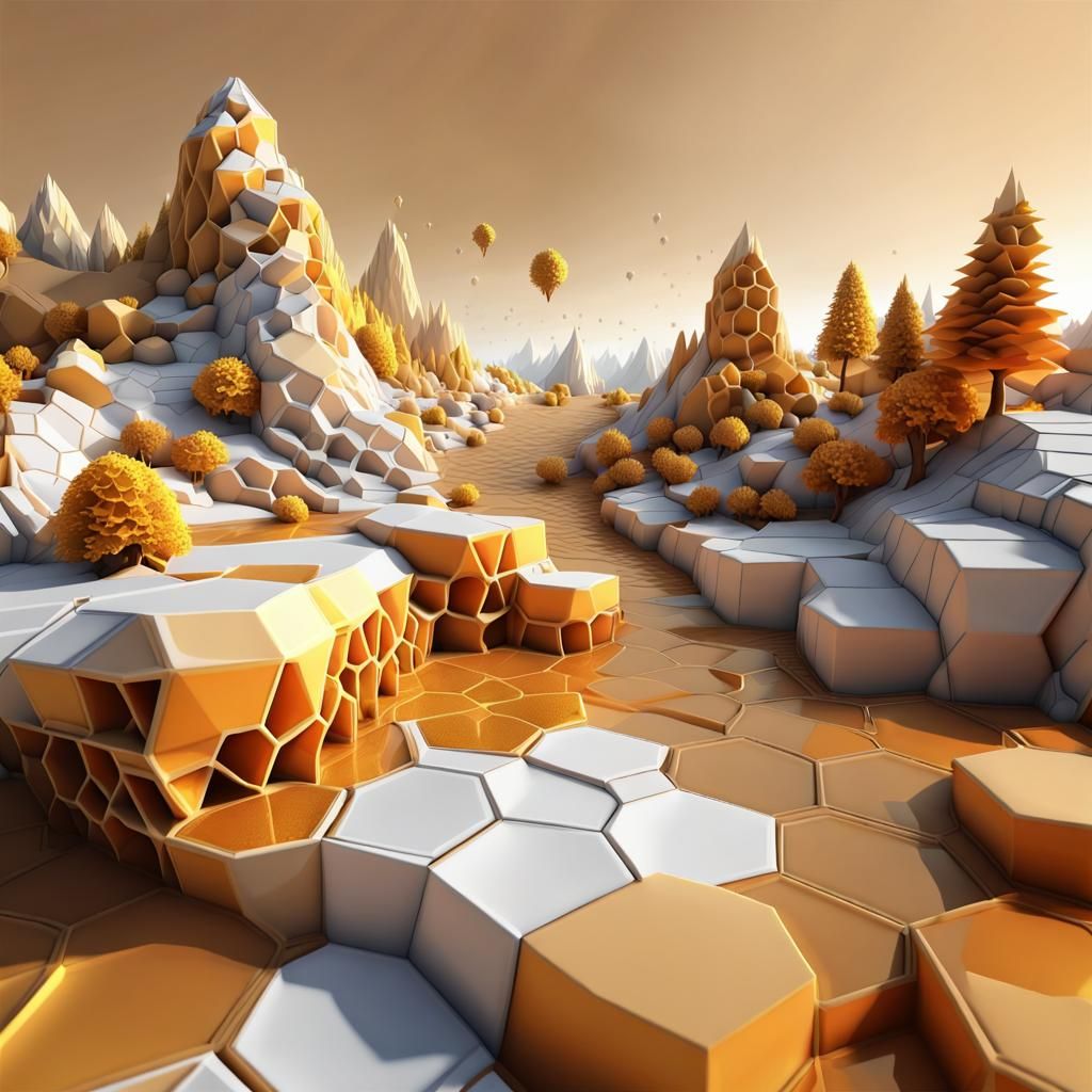 Low Poly Honeycomb Landscape in Golden Colors