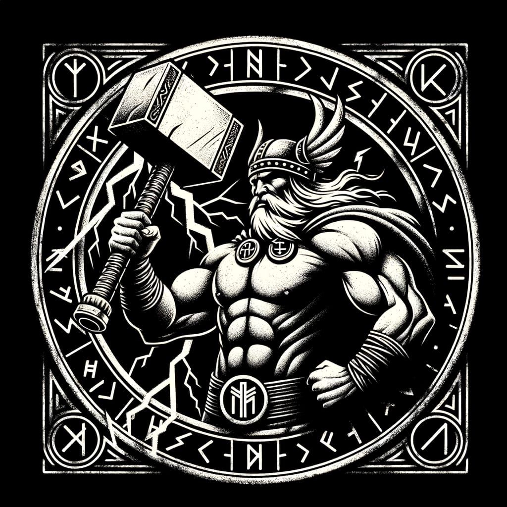 Thor Illustration with Mjolnir in Viking Rune Style