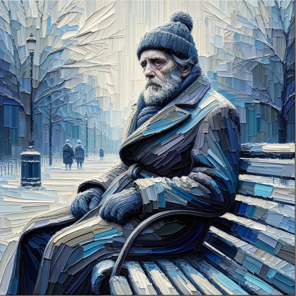 Melancholy Man in Blue Winter Scene: Impasto Oil Painting
