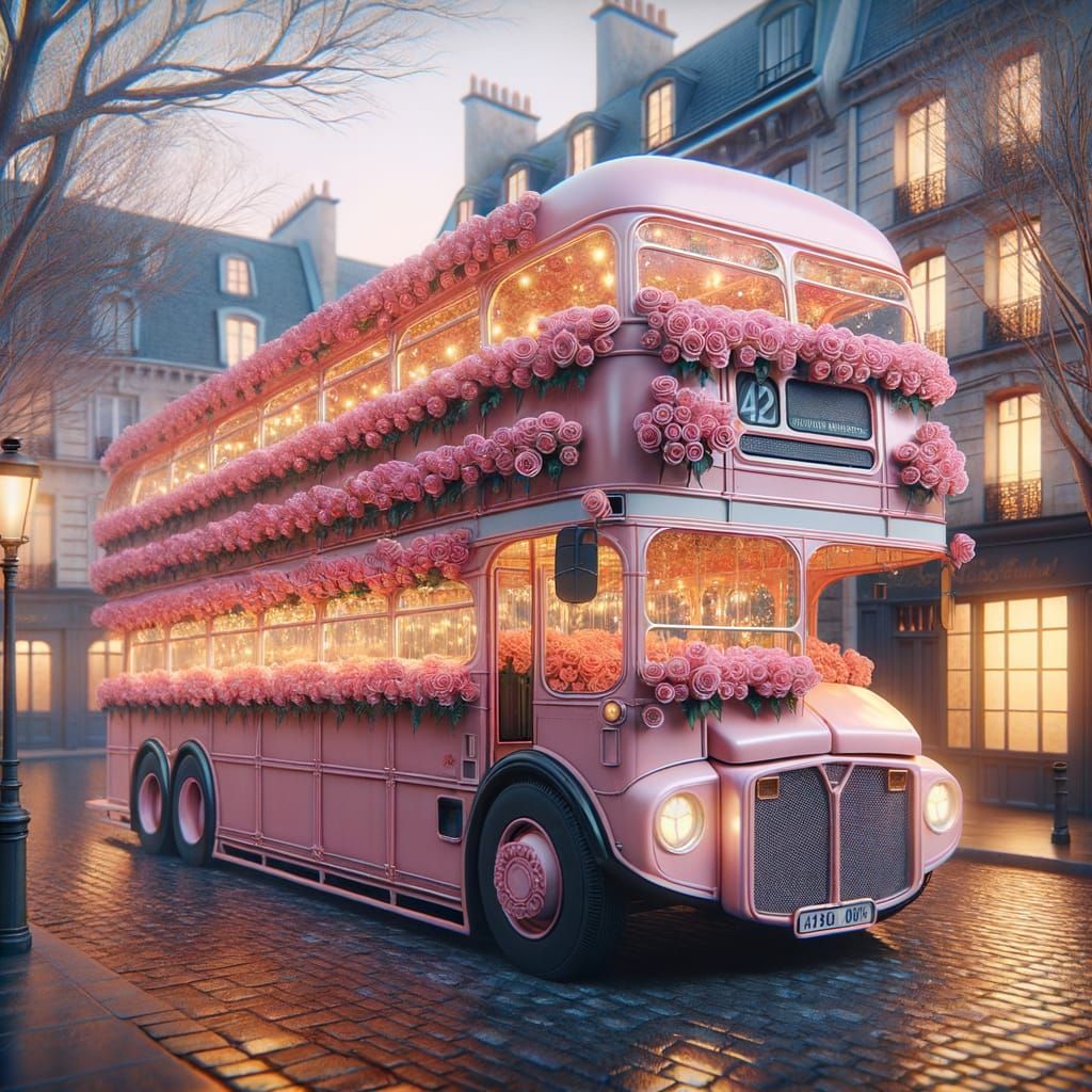 Rose-Adorned Double-Decker Bus at Dusk