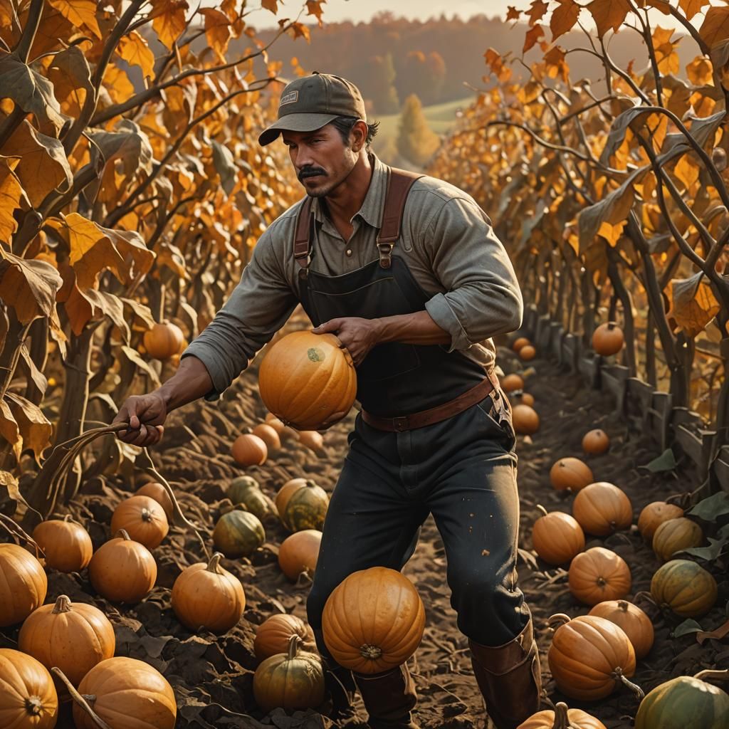 Muscular Gourd Farmer in Autumn Landscape, Splash Art