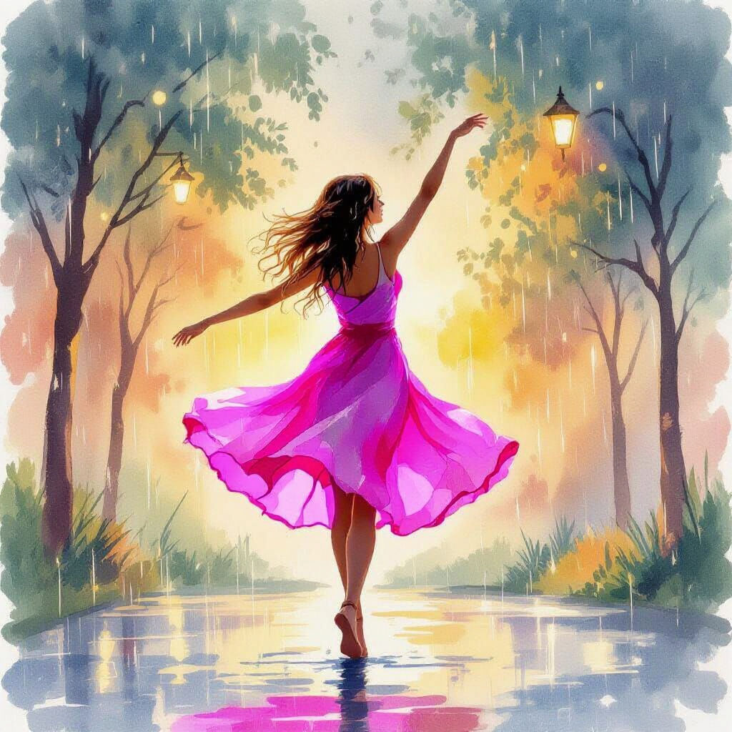 Watercolor Painting of Woman Dancing in Rain