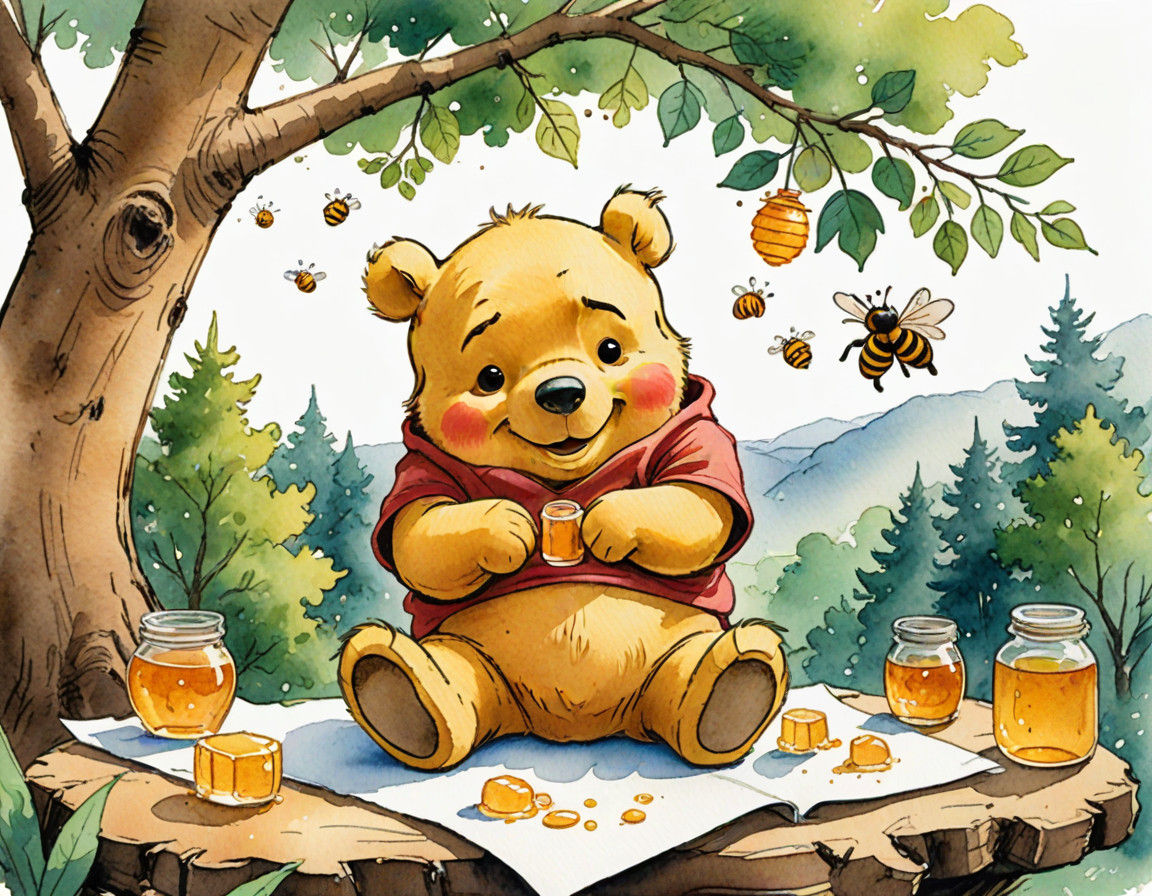 Winnie the Pooh Smiles Under the Tree in Watercolor