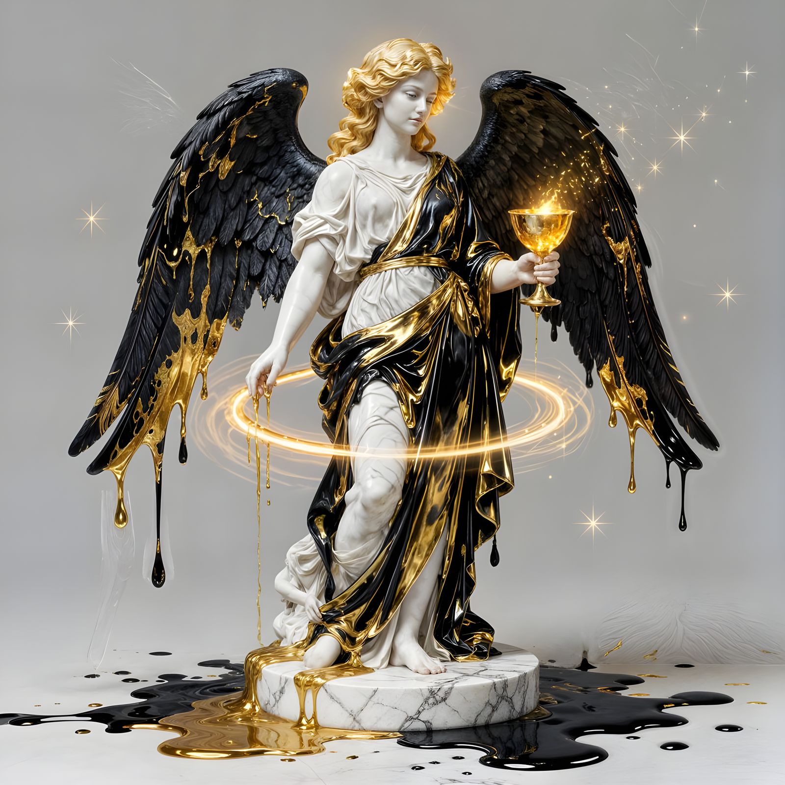 Angelic Statue Alive with Molten Gold Robes and Wings