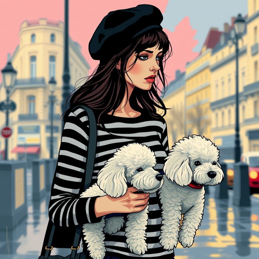 Girl and Poodles in Rainy Paris Street Scene
