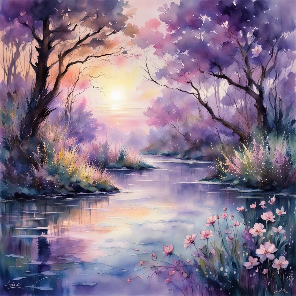 Ethereal Forest Glade with Lilac Sky, Watercolor Art