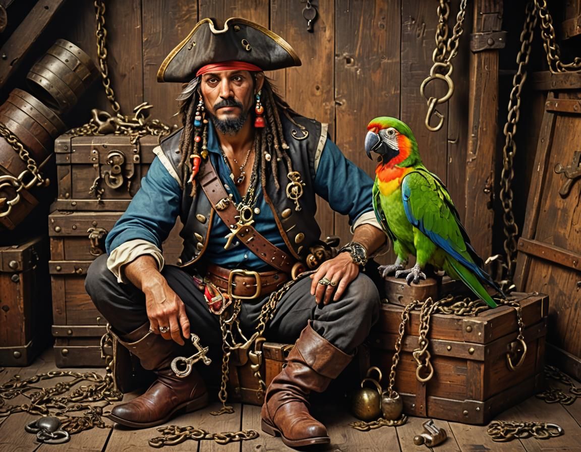 Pirate with Parrot and Treasure Chest in Antiquity Style