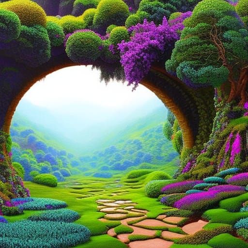 Misty Village Landscape with Fantasy Trees, Oil Painting