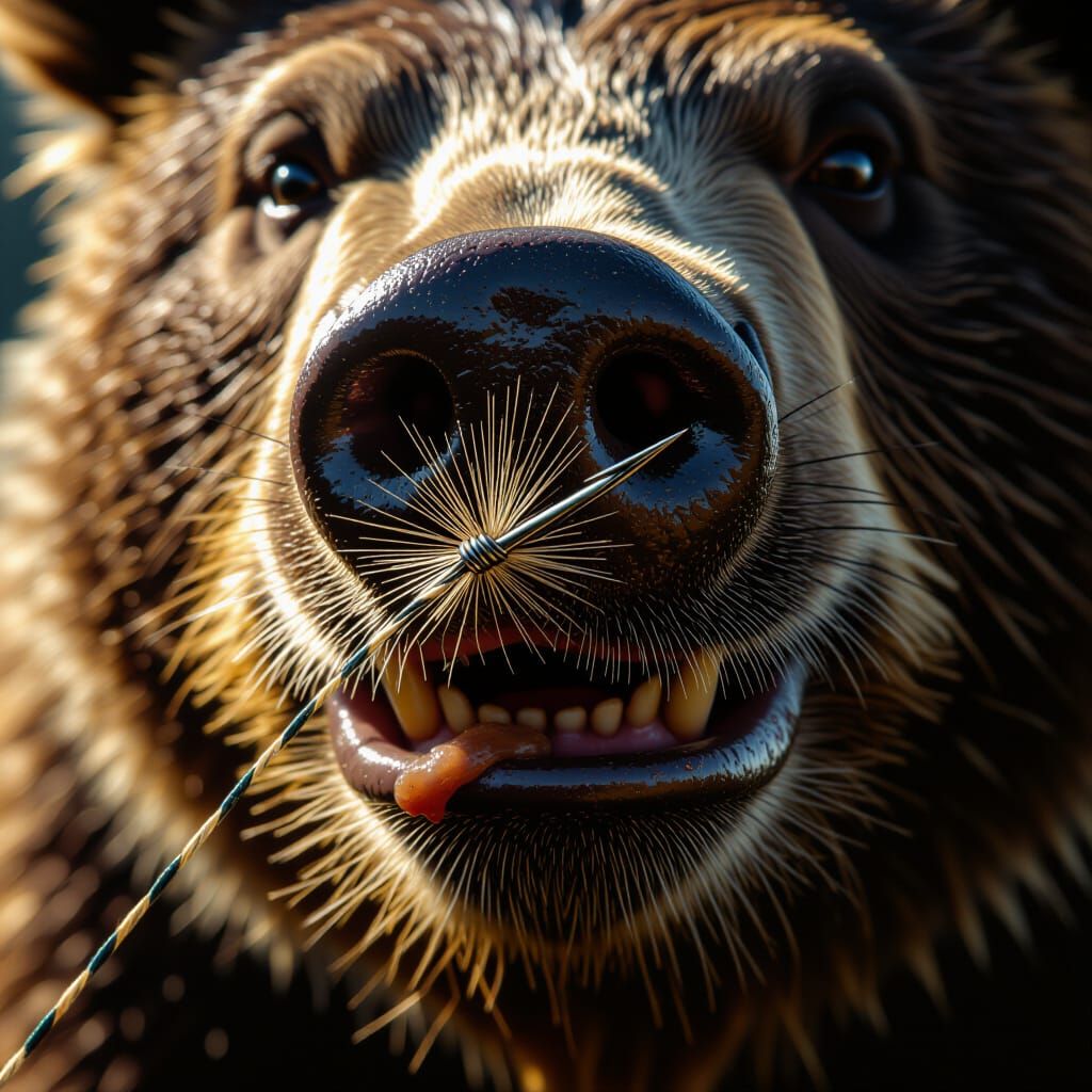 Man-Bear-Pig Hooked: Extreme Closeup, Hyperrealistic