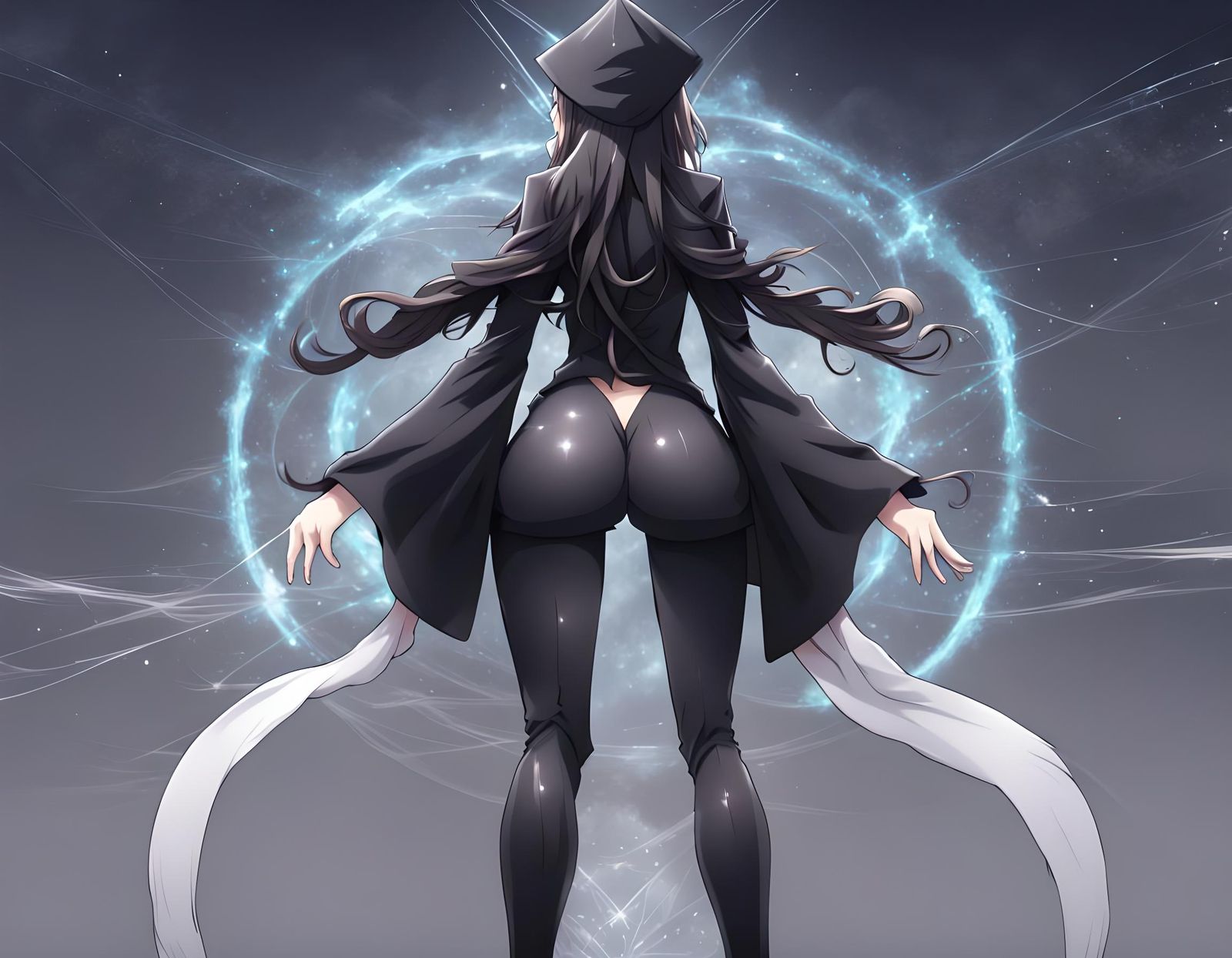 Wizard lady black body suit, full body, backside, down perspective