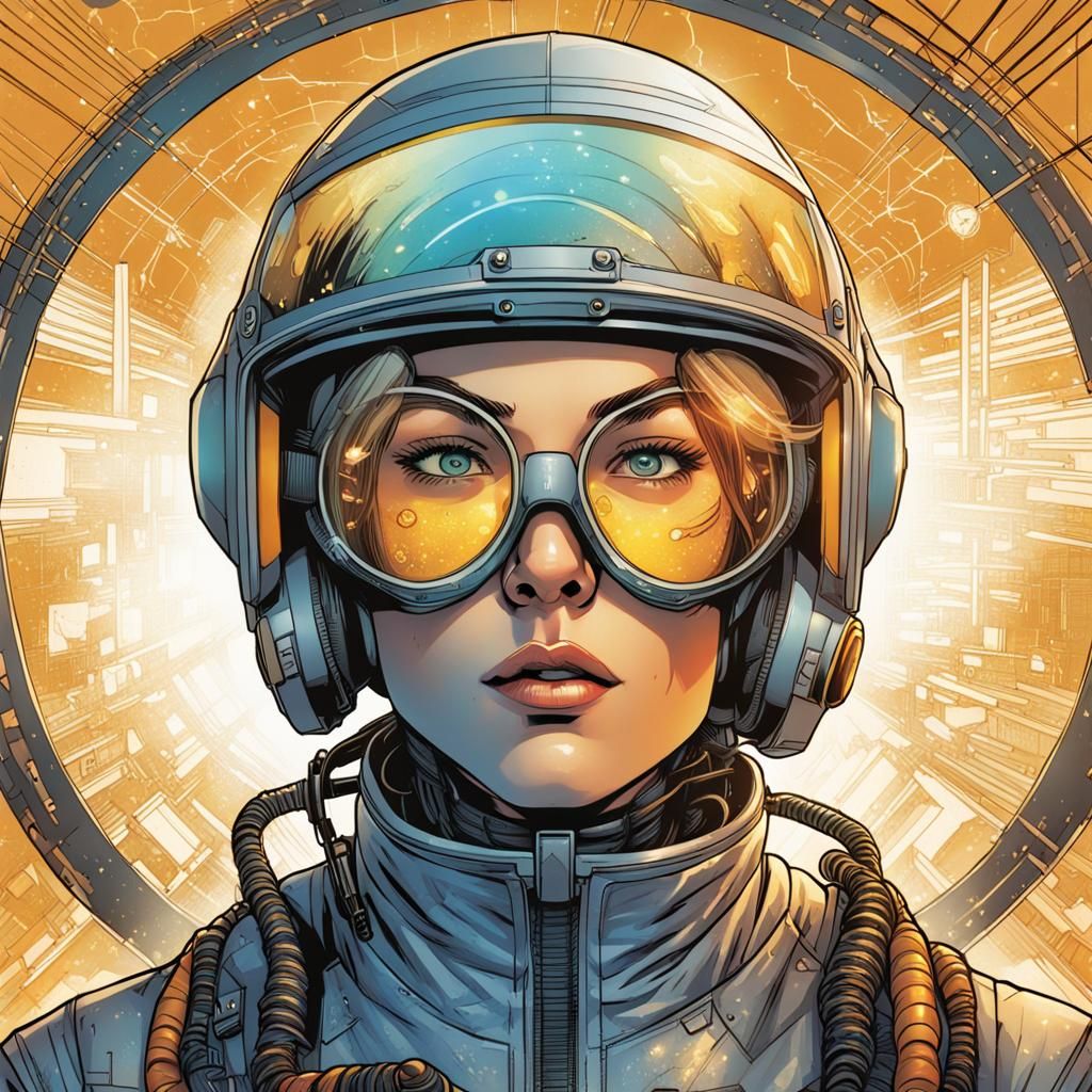 Woman in Honeycomb Space Helmet, Comic Book Art