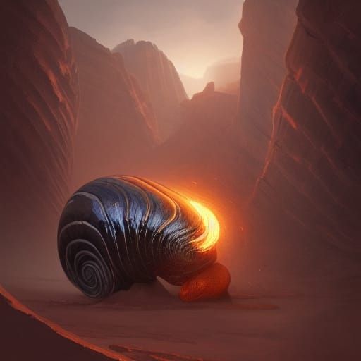 Obsidian Golem vs Marble Snail in Dark Fantasy Style