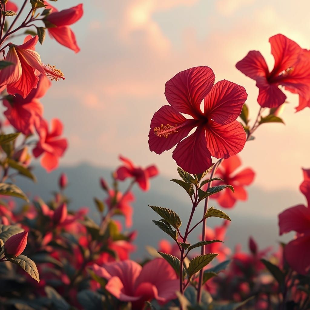 Serene Hibiscus Landscape in Vibrant, Ethereal Colors