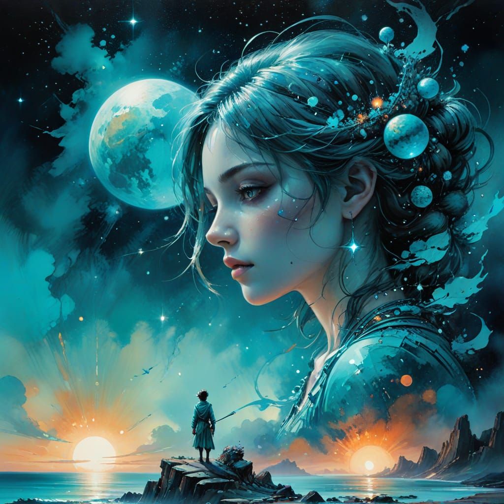 Surreal Turquoise Landscape in Watercolor Style