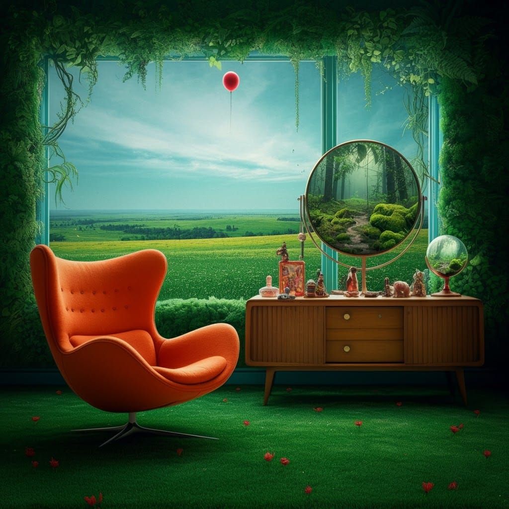 Surreal Interior with Orange Chair and Forest Reflection