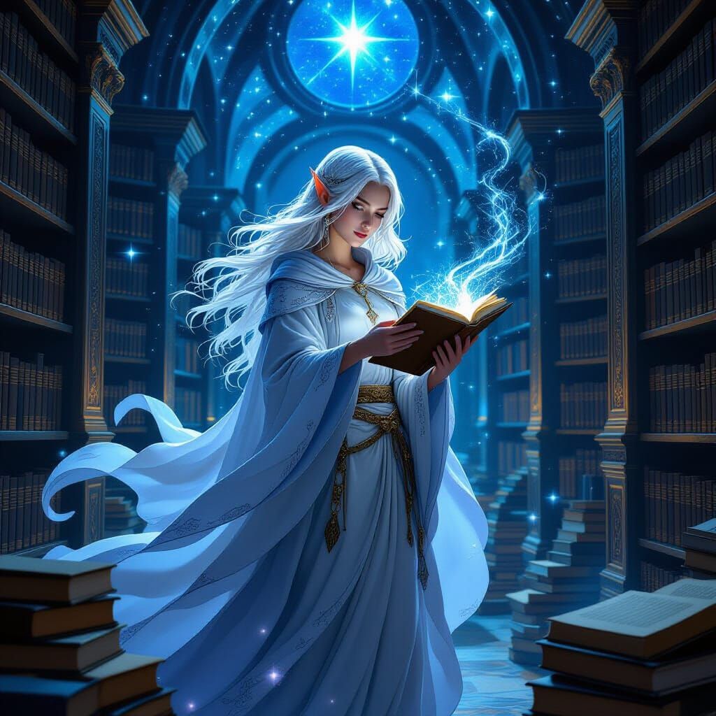 Ethereal Elven Librarian in Celestial Library, Matte Paintin...