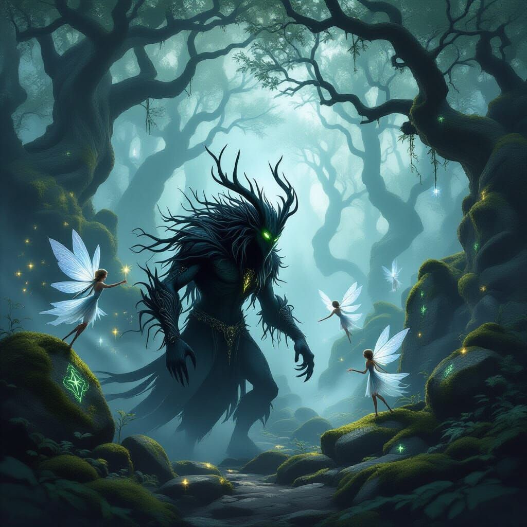 Ethereal Dark Fantasy Forest Creature and Faeries