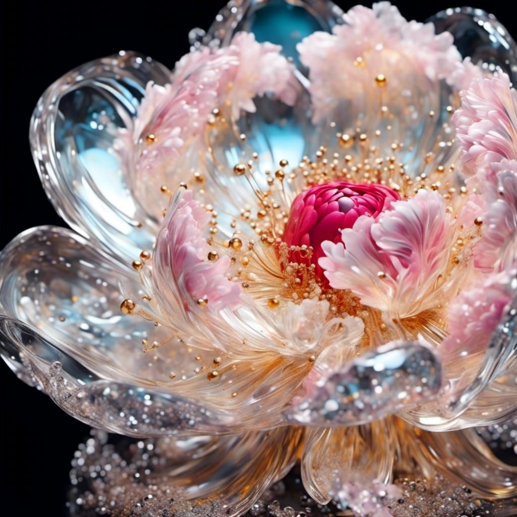 Glass Peony Sculpture in Klimt Style