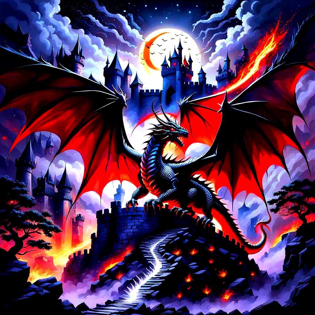 Dragon Guarding Castle Gate Under Moonlight