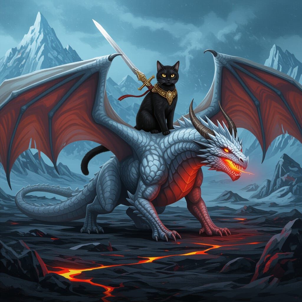 Arctic Dragon and Feline Knight in Lava Iceland