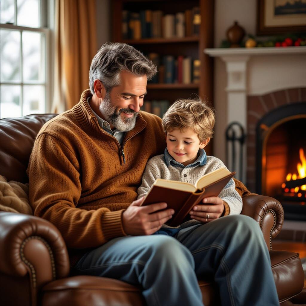 Heartwarming Father-Son Bible Reading in Rockwell Style