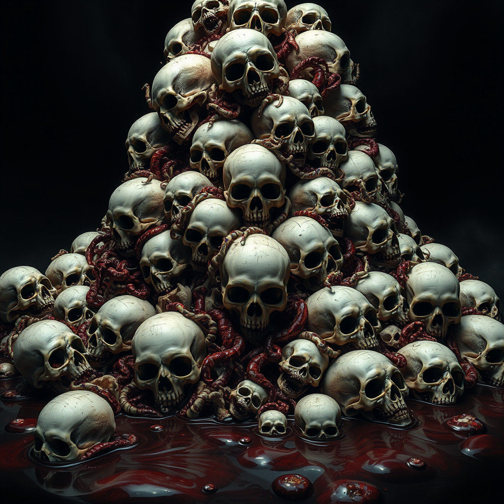 Towering Skull Pile with Maggots in Biomechanical Style