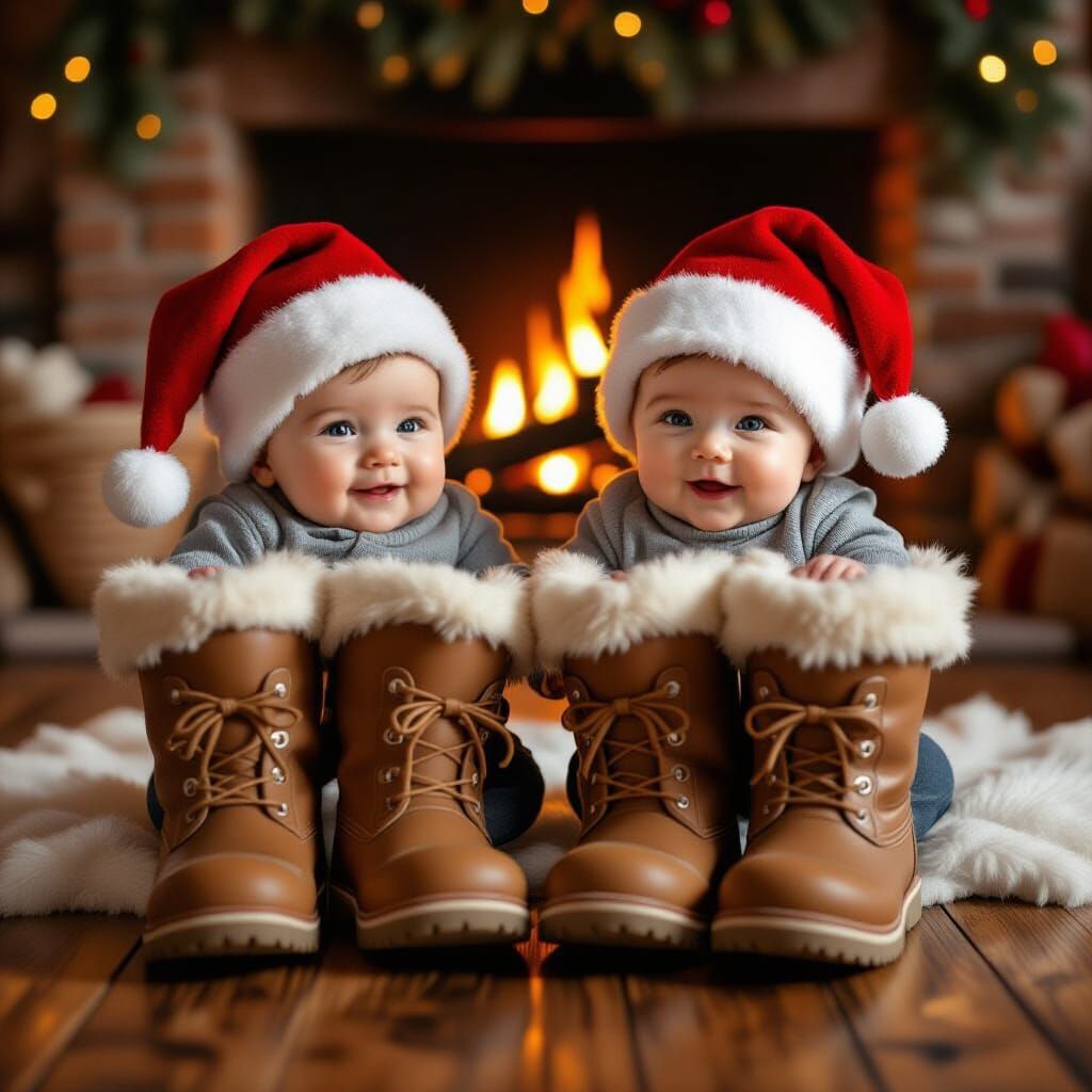 Newborn Twins in Elf Hats Sit in Winter Boots