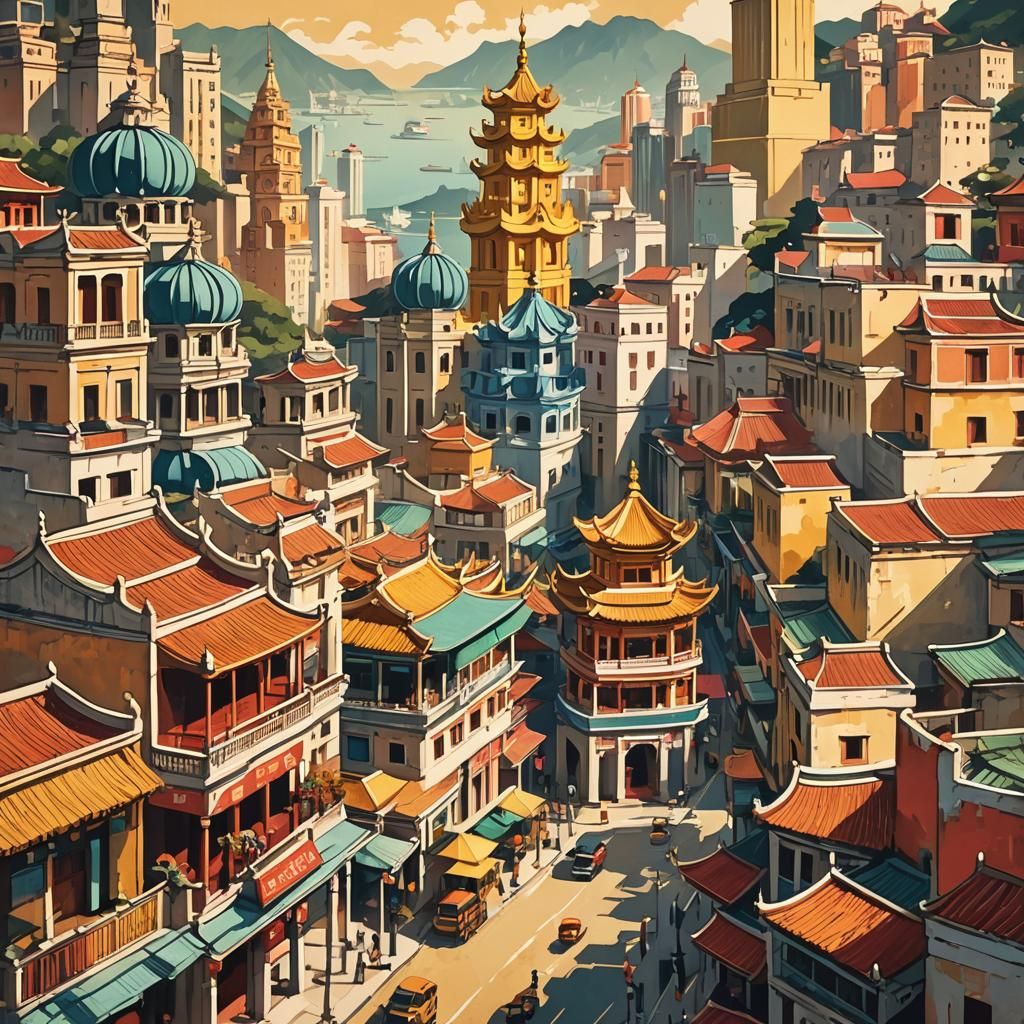Macau Cityscape in Vintage Travel Poster Style