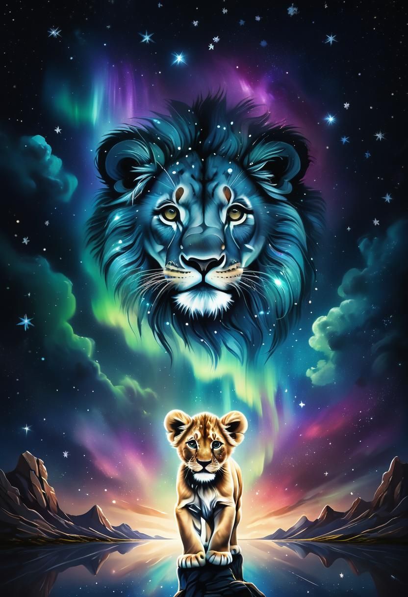 Lion Cub Gazing at a Starry Lion in Hyperrealism