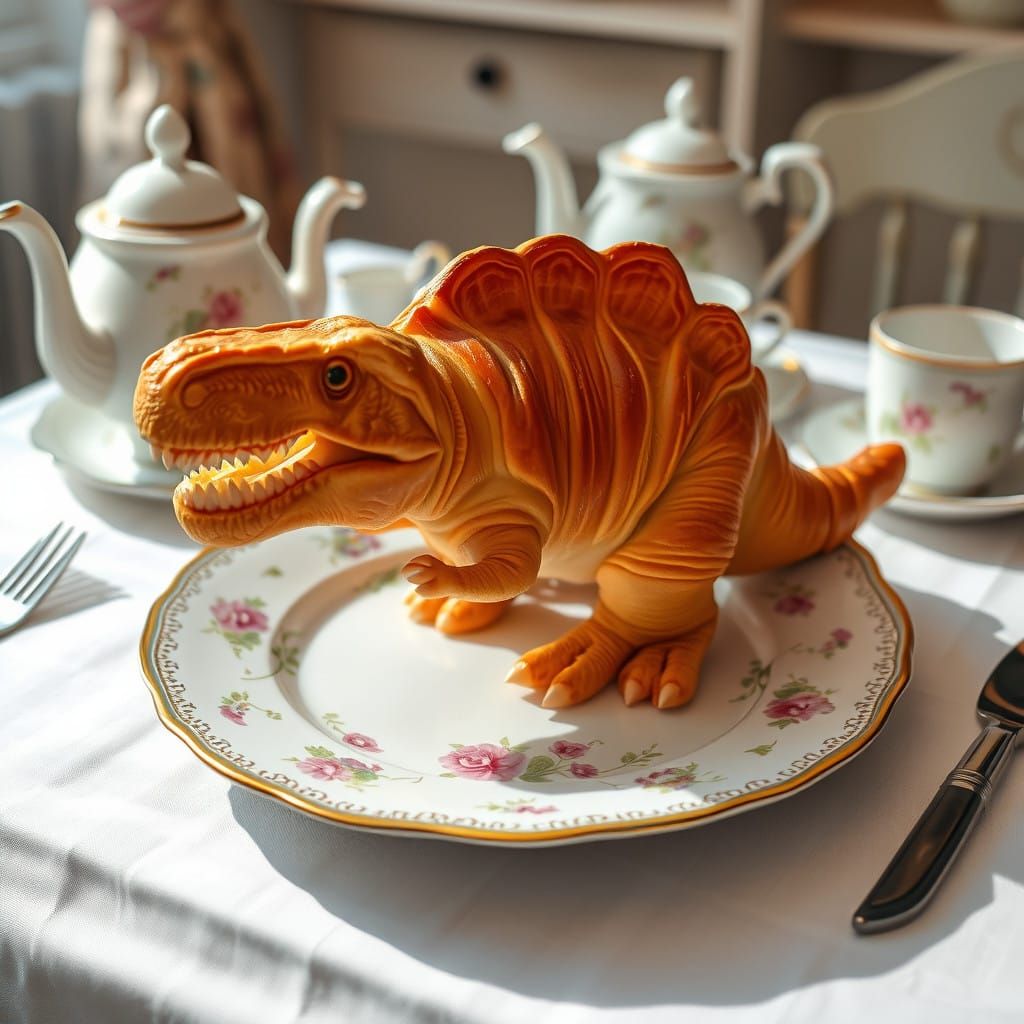 Golden Croissant Tyrannosaurus Rex on Fine China Plate with...