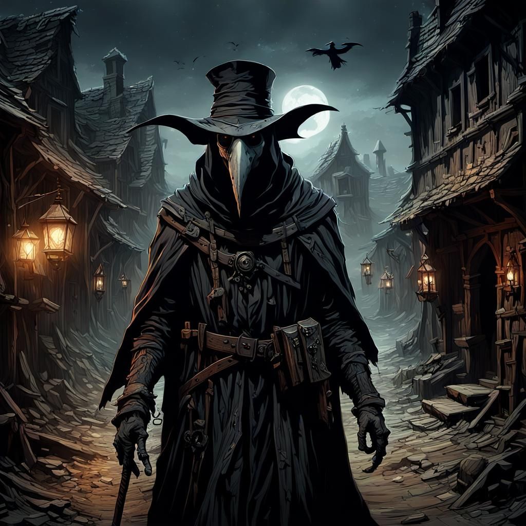 Plague Doctor in Abandoned Village, Dark Fantasy Art