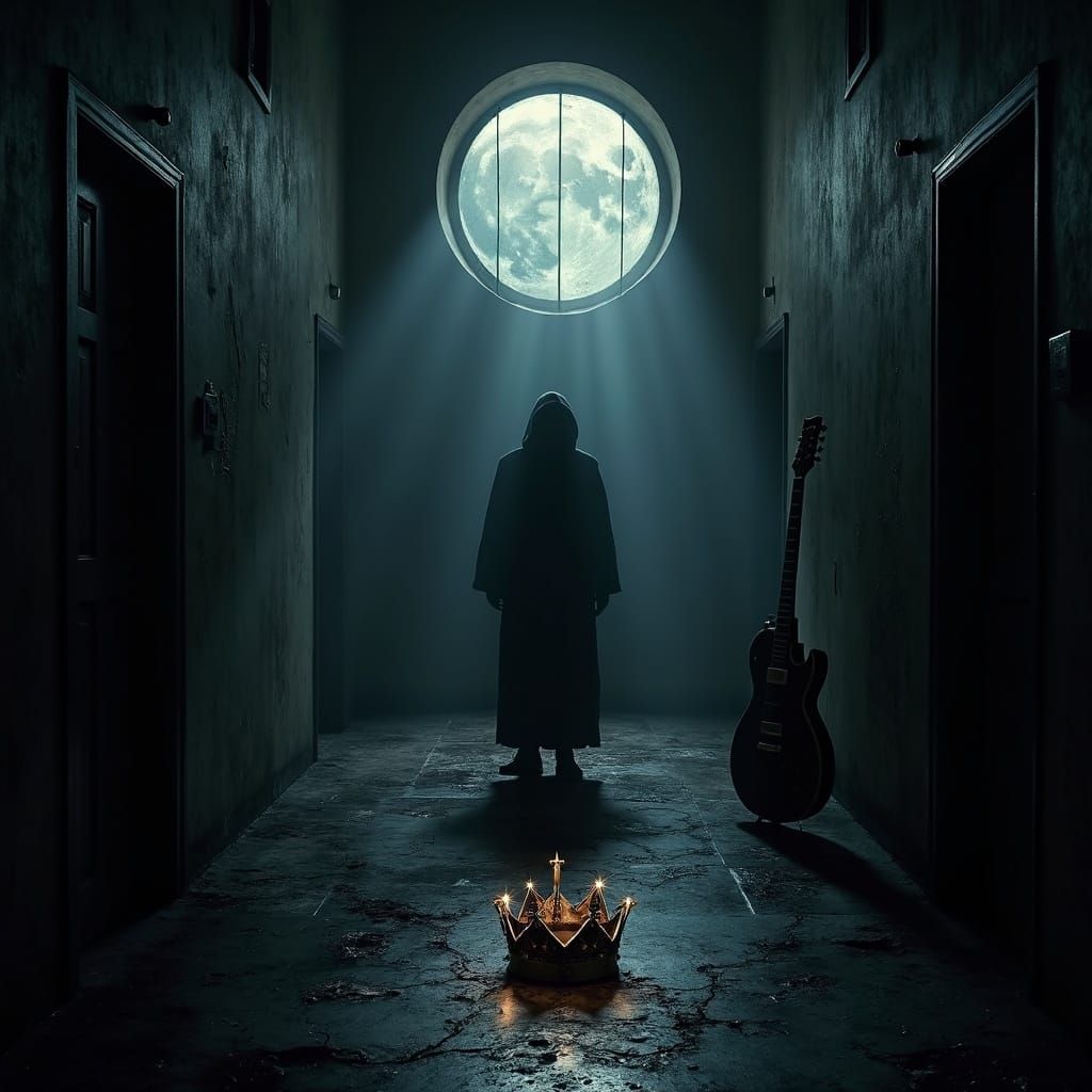 Dark Deathcore Figure in Shadowy Hallway