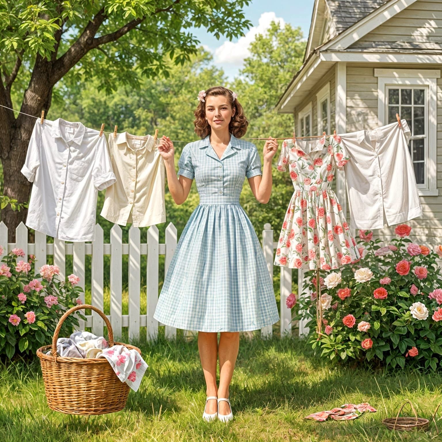 1950s Housewife Hanging Laundry on Clothesline