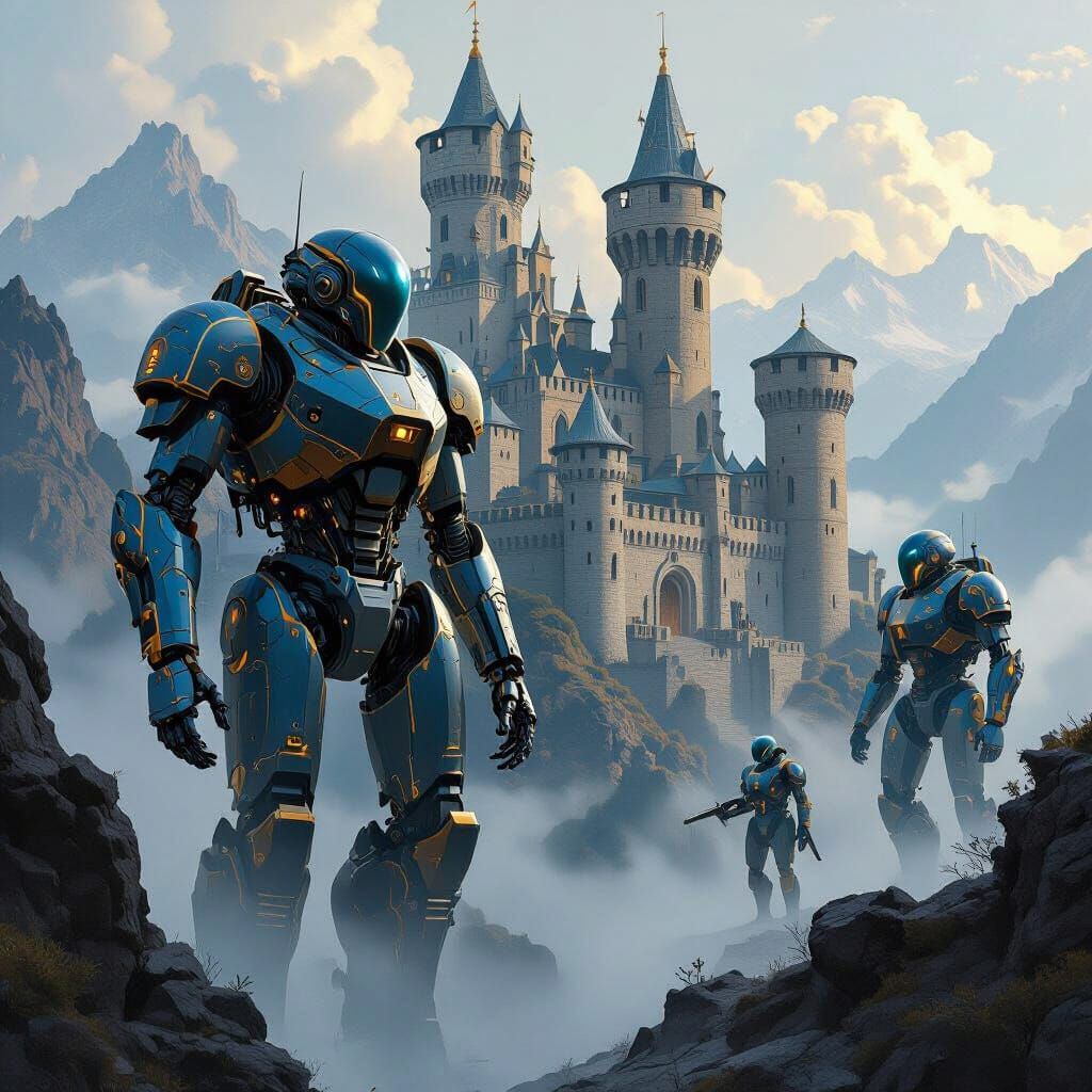 Futuristic Robots Defend Misty Castle Turrets